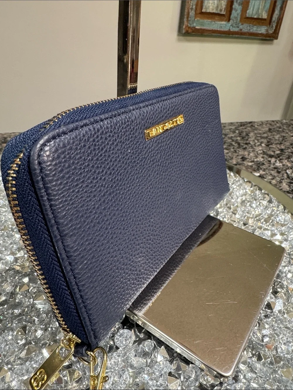 Bandolino Navy Pebbled Zip Wristlet with Gold Plaque